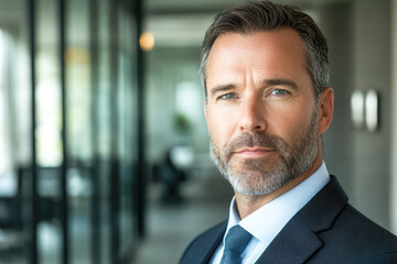 Fototapeta premium Confident caucasian male adult in business suit with beard in office setting