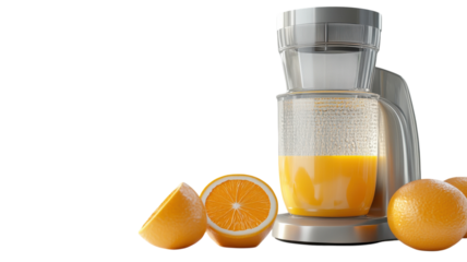 A stylish juicer with freshly squeezed orange juice and whole oranges on a countertop ready for a refreshing drink.