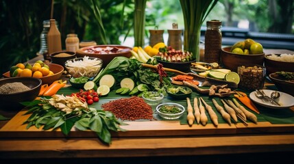 Vibrant array of traditional Thai cooking ingredients laid out on a rustic bamboo table showcasing the flavors and craftsmanship of authentic Thai cuisine