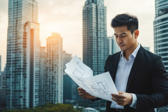 Asian young adult male architect reviewing blueprint against urban skyline - Powered by Adobe