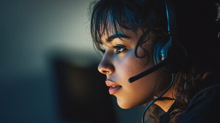 A focused young Hispanic woman wearing a headset, engaged in a task that requires concentration and attention to detail.