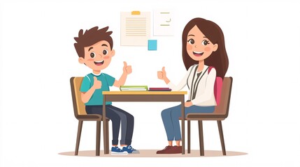 Cheerful children, a boy and girl, smiling and giving thumbs up while studying together at a table in a classroom.