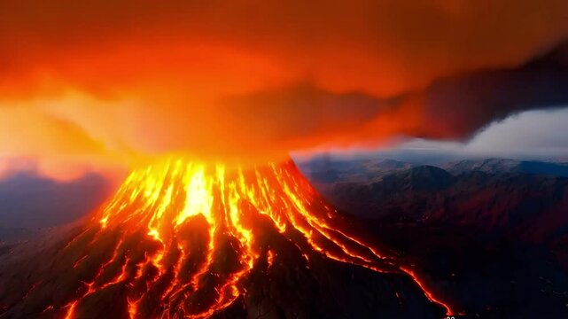 A supervolcano erupts, hurling massive ash plumes into the stratosphere, creating a "second sun" effect as the light reflects off the ash. The scene transitions to post-apocalyptic tones, with darkene