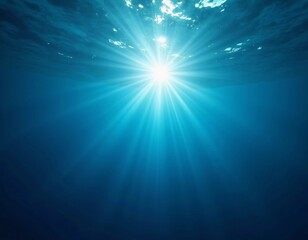 Light filters through the surface of the deep blue sea, creating a serene atmosphere with vibrant rays reaching down into the water's depths during the day. Generative AI