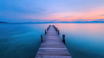 Fototapeta premium Tranquil sunset over wooden pier serene lake landscape photography calm waters scenic view nature's beauty