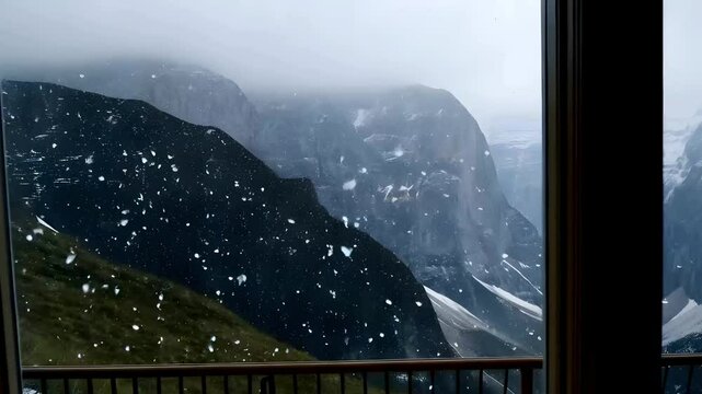 Gentle snowfall blankets the mountains, viewed through a cozy window. Snowflakes drift softly, creating a serene and tranquil winter scene, with towering peaks and frosted trees in the distance. Gener