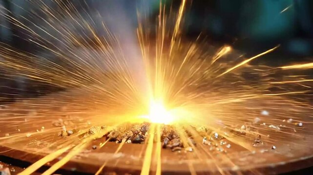 Vivid sparks illuminate a workshop as metal is shaped and forged, capturing the intensity of craftsmanship and the beauty of molten metal against a dark backdrop.