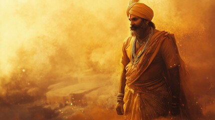 Fototapeta premium A middle-aged South Asian man in traditional attire walks confidently through a golden haze, embodying strength and wisdom.