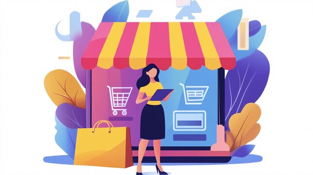 A woman of South Asian descent stands outside a vibrant, modern storefront, engaging with a tablet, symbolizing e-commerce.
