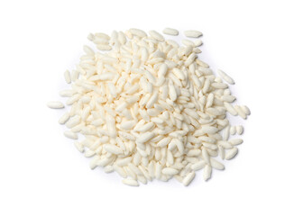 Heap of puffed rice isolated on white, top view