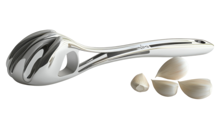 A sleek stainless steel garlic press with several peeled garlic cloves beside it, ideal for easy meal preparation and cooking.