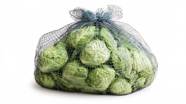 A bag filled with fresh green cabbages, showcasing their vibrant color and texture.