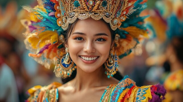 smiling festival queen adorned in a dazzling, ornate headdress and colorful outfit radiates joy and cultural pride in a lively celebration of tradition and beauty