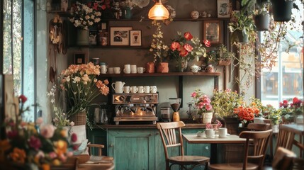 Obraz premium Charming Floral Cafe: A Cozy Coffee Shop Filled with Blooms and Rustic Decor