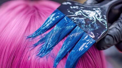 Bright Hair Coloring Process with Blue Dye on Pink Hair Strand
