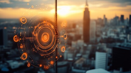 Futuristic HUD interface overlay on cityscape sunset.