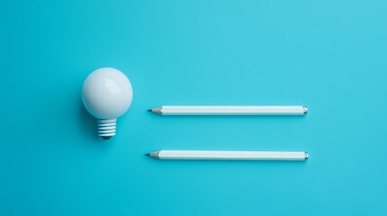 Bulb and pencil, blue background.