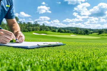 A tournament official checking scores on a clipboard at a professional golf event. Generative AI
