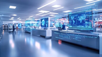 Futuristic laboratory interior with scientists working on holographic displays and advanced technology.