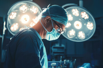 Focused caucasian male surgeon in operating room performing surgery under bright lights