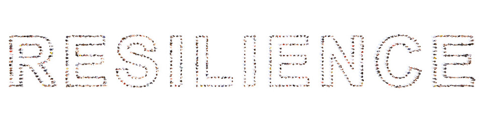 Concept or conceptual large community of people forming the word RESILIENCE . 3d illustration metaphor for endurance,  survival, determination, courage, motivation, strength and power, athlete