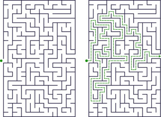 Vector Maze Game Template with Solution. Line maze. Medium Rectangular Maze.  Maze Template 