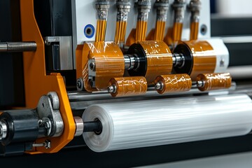 Industrial printing machine processing plastic film in a factory setting