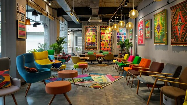 This lively cafe showcases a blend of colorful chairs and artistic wall decor, creating a welcoming atmosphere perfect for relaxation or socializing in the city.
