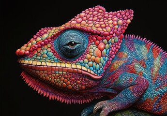 Fototapeta premium Vibrant Chameleon with Intricate Scale Patterns on Dark Background