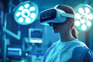 Young caucasian female surgeon using vr technology in a modern operating room