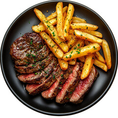 Top view of a delicious looking steak frites on a dark platter isolated on a white transparent background