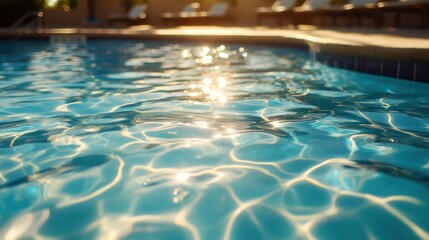Sparkling pool water reflecting sunlight at sunset.