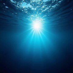 Light filters through the surface of the deep blue sea, creating a serene atmosphere with vibrant rays reaching down into the water's depths during the day. Generative AI