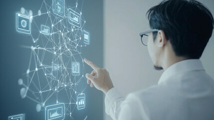 Digital Strategist Navigating the Network: A focused young professional interacts with a futuristic holographic interface, showcasing innovative data visualization and digital networking concepts.  