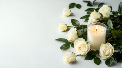 Elegant candlelit arrangement with white roses and green leaves