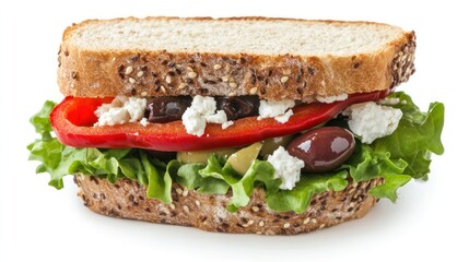 Delicious Mediterranean sandwich with feta cheese, olives, red pepper, and lettuce on multigrain bread.