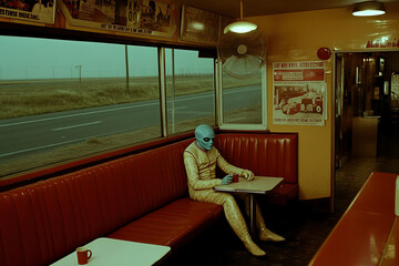 An intriguing scene of an alien sitting alone in a retro diner, emphasizing isolation and the surreal combination of human and extraterrestrial worlds.