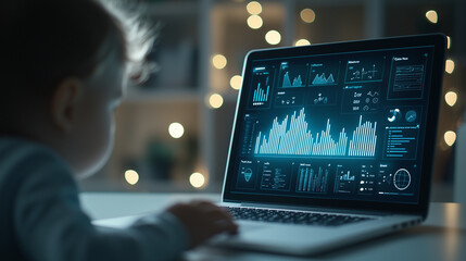 Fototapeta premium Little Analyst: A young child engrossed in a laptop screen, analyzing data and charts. The scene evokes curiosity, a sense of wonder, and the potential of the next generation in the digital world.