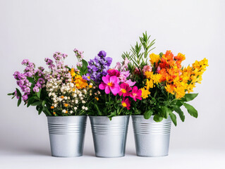 Bright floral arrangements in metal pots create cheerful atmosphere