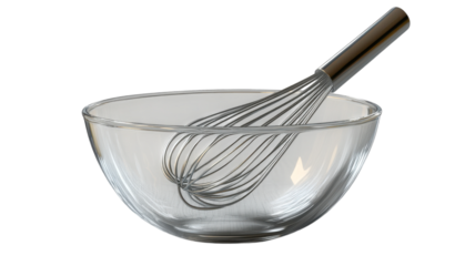 Clear mixing bowl with a metal whisk resting inside, perfect for baking and cooking in a kitchen setting.