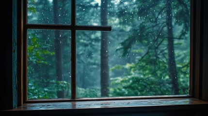 Naklejka premium Rainy forest view from rustic window.