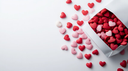 Sweet heart shaped candies spilling from white bag, perfect for celebrations