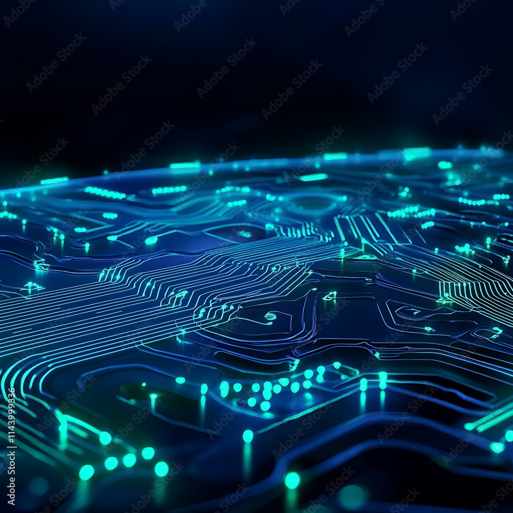 Poster abstract blue digital circuit board pattern with glowing lines and nodes in a dark background