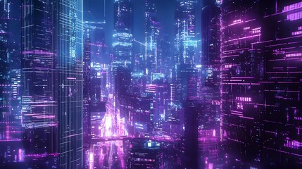 Obraz premium This sentence aims to capture the essence of the image by highlighting its abstract nature, digital elements, futuristic city theme, and suitability as a computer wallpaper