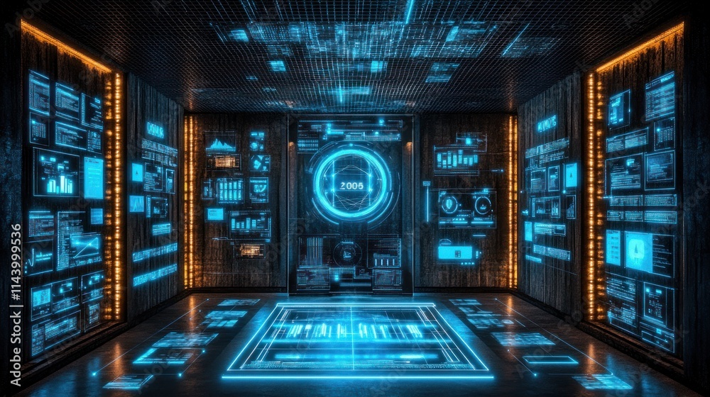 Wall mural futuristic server room with holographic data displays and digital interface.