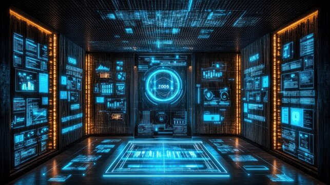Futuristic server room with holographic data displays and digital interface.