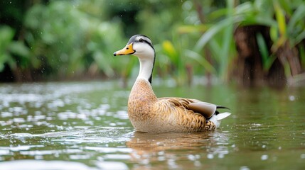 Obraz premium A duck swims in a calm pond, surrounded by lush green foliage.
