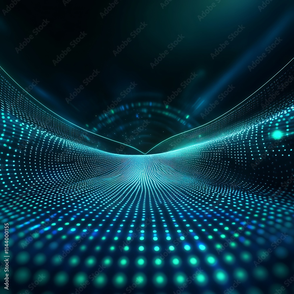 Poster abstract digital landscape with glowing dots and waves representing technology and data flow