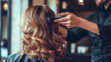 Naklejka premium Professional Hair Styling Session with Client