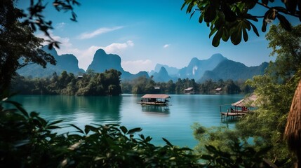 Obraz premium Breathtaking panoramic view of the lush verdant tropical rainforest landscape with iconic limestone peaks towering in the background in the beautiful Khao Sok National Park Thailand